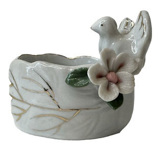 Vintage Doves Flower Planter Trinket Ring Box White w/Gold Trim Pink Floral RARE